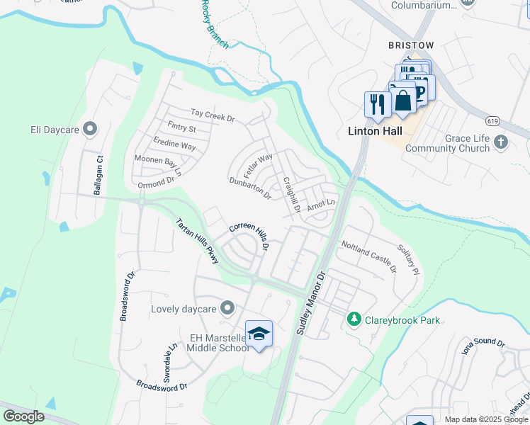 map of restaurants, bars, coffee shops, grocery stores, and more near 9703 Kennoway Court in Bristow
