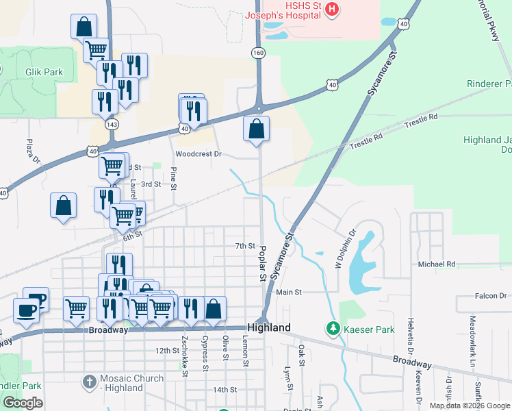 map of restaurants, bars, coffee shops, grocery stores, and more near 543 Poplar Street in Highland