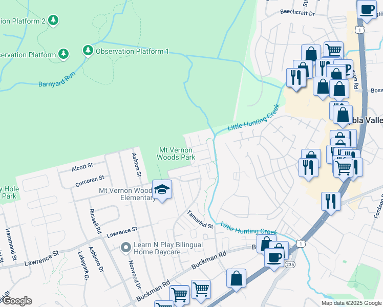 map of restaurants, bars, coffee shops, grocery stores, and more near 7941 San Leandro Place in Alexandria