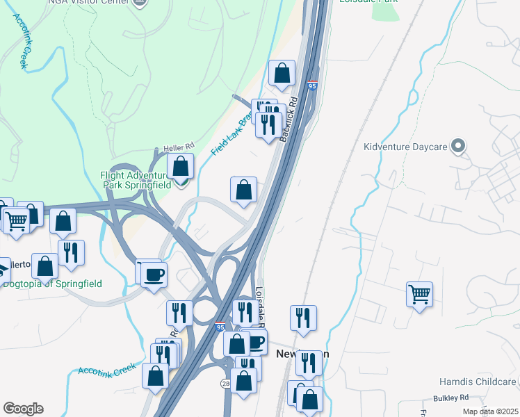 map of restaurants, bars, coffee shops, grocery stores, and more near 7799 Backlick Road in Springfield