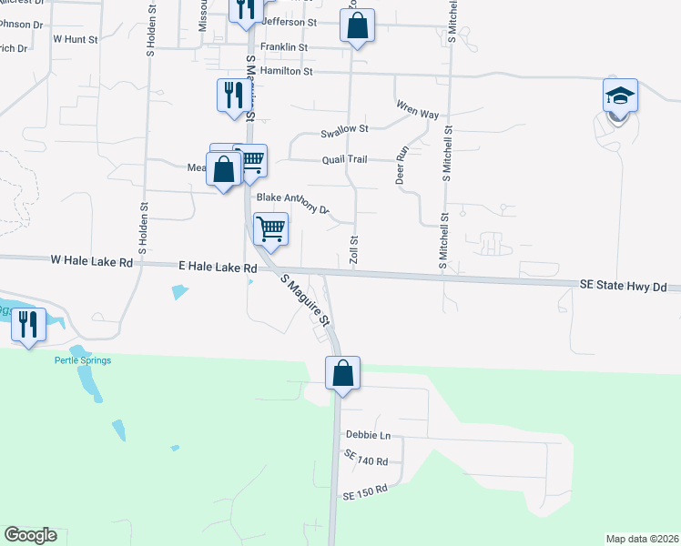 map of restaurants, bars, coffee shops, grocery stores, and more near 460 Southeast State Highway Dd in Warrensburg