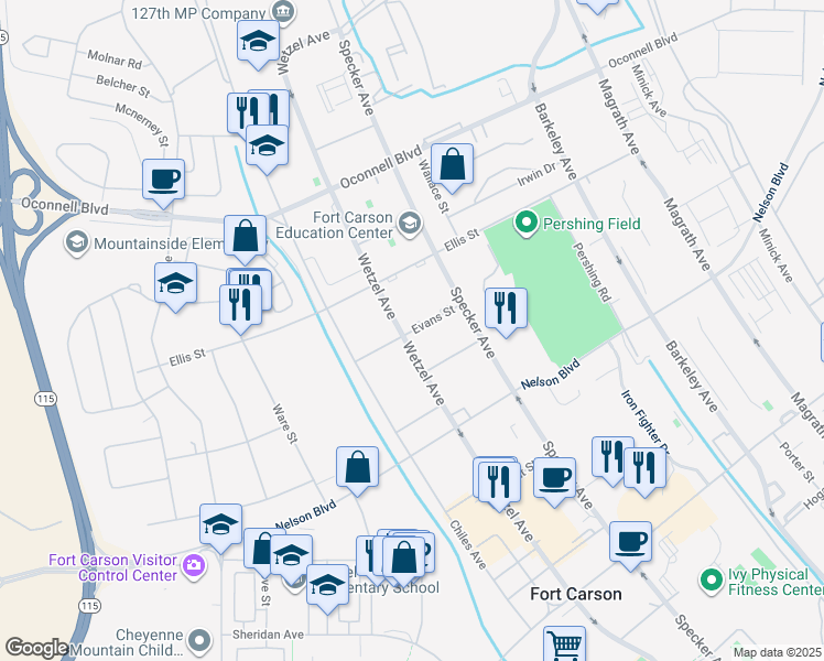 map of restaurants, bars, coffee shops, grocery stores, and more near Evans Street in Fort Carson