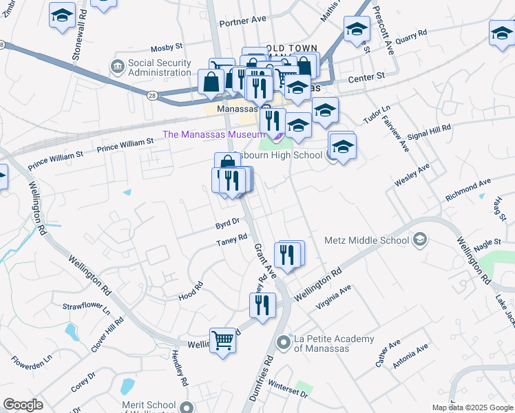 map of restaurants, bars, coffee shops, grocery stores, and more near Swallowtail Lane in Manassas
