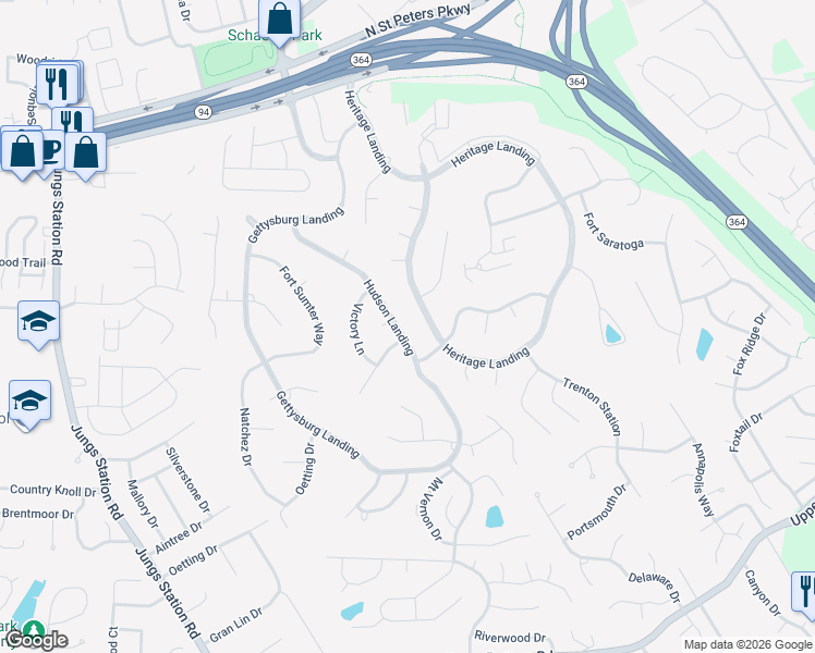 map of restaurants, bars, coffee shops, grocery stores, and more near 1500 Hudson Landing in Saint Charles