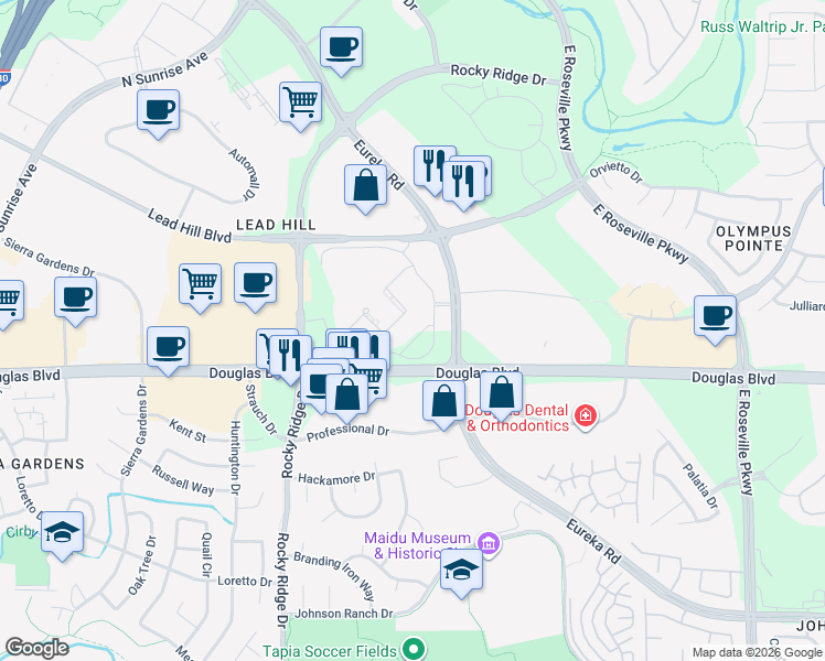 map of restaurants, bars, coffee shops, grocery stores, and more near 1600 Eureka Road in Roseville