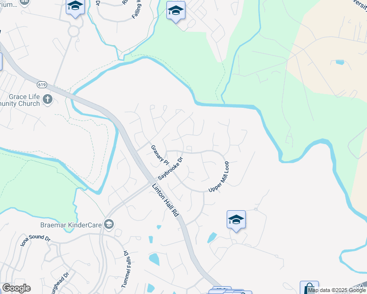 map of restaurants, bars, coffee shops, grocery stores, and more near Saybrooke Drive in Bristow