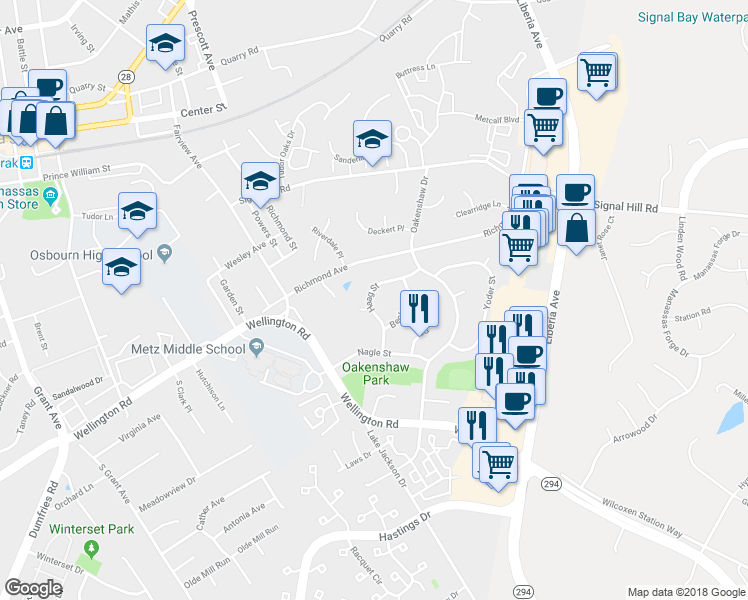 map of restaurants, bars, coffee shops, grocery stores, and more near 8613 Haag Street in Manassas