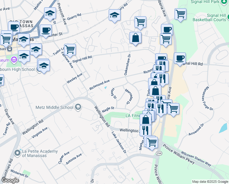 map of restaurants, bars, coffee shops, grocery stores, and more near 8613 Haag Street in Manassas