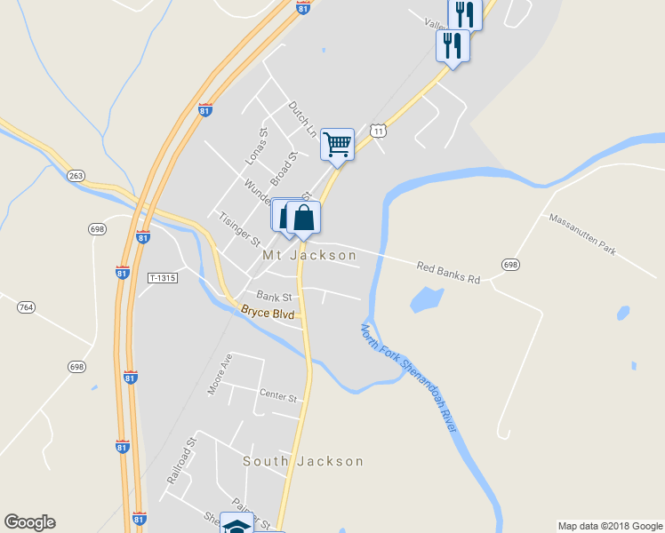 map of restaurants, bars, coffee shops, grocery stores, and more near 133 Bridge Street in Mount Jackson