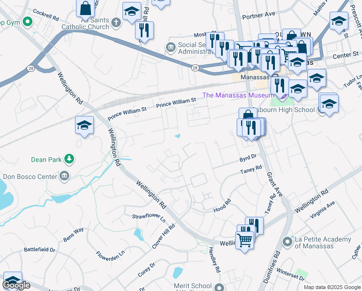 map of restaurants, bars, coffee shops, grocery stores, and more near 9328 China Grove Court in Manassas