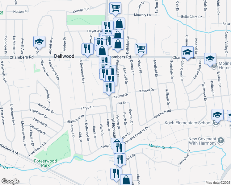 map of restaurants, bars, coffee shops, grocery stores, and more near 1500 Kappel Avenue in St. Louis