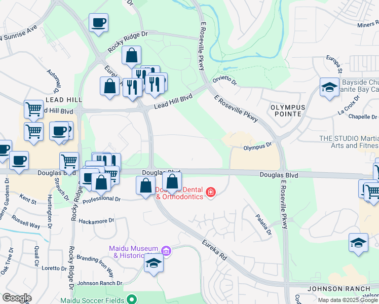 map of restaurants, bars, coffee shops, grocery stores, and more near 3000 Lava Ridge Court in Roseville