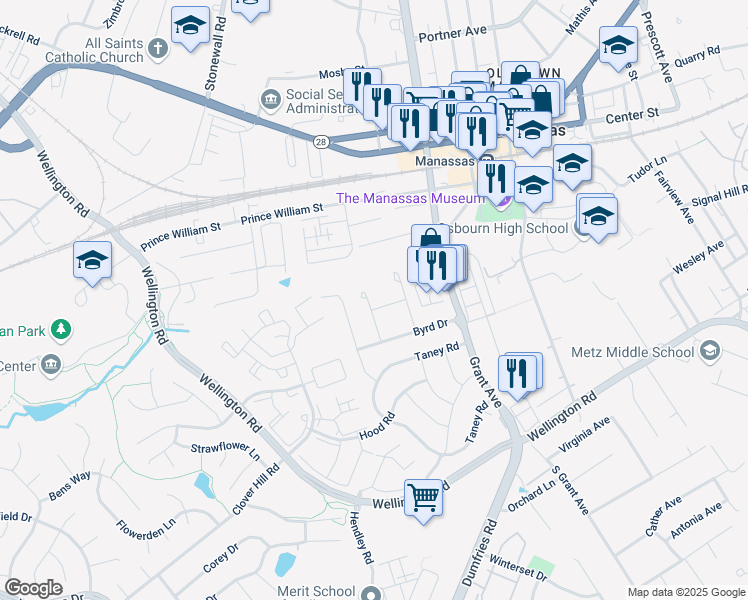 map of restaurants, bars, coffee shops, grocery stores, and more near 9721 Beech Place in Manassas