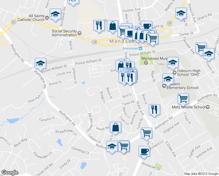 map of restaurants, bars, coffee shops, grocery stores, and more near 9721 Beech Place in Manassas
