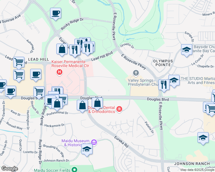 map of restaurants, bars, coffee shops, grocery stores, and more near 2247 Douglas Boulevard in Roseville