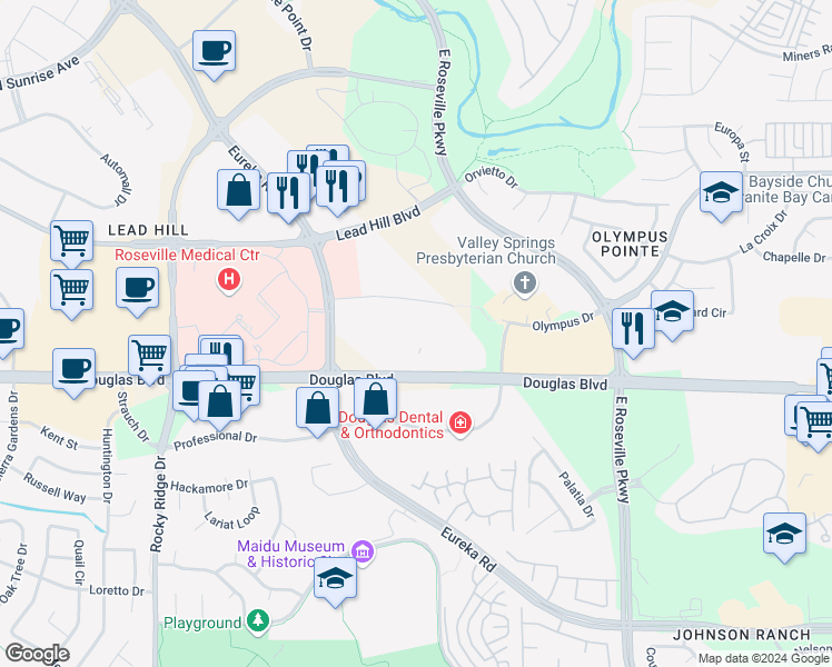 map of restaurants, bars, coffee shops, grocery stores, and more near 3000 Lava Ridge Court in Roseville