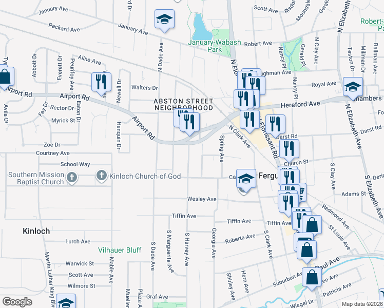map of restaurants, bars, coffee shops, grocery stores, and more near 29 Beacon Avenue in Ferguson