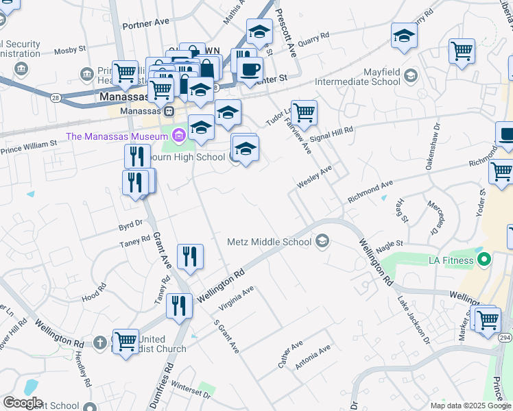 map of restaurants, bars, coffee shops, grocery stores, and more near 9005 Tudor Lane in Manassas