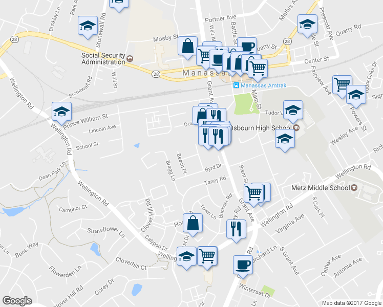 map of restaurants, bars, coffee shops, grocery stores, and more near 9250 George Street in Manassas