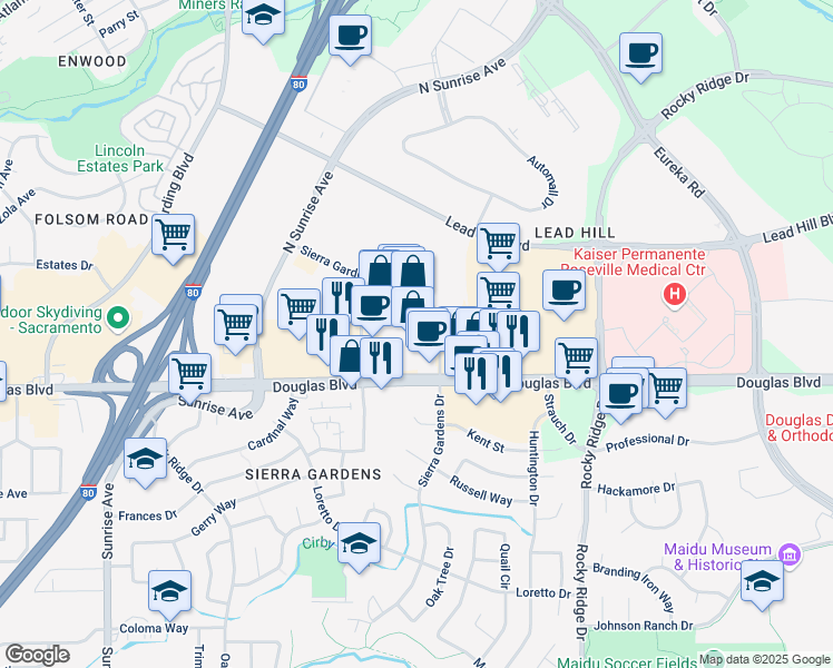 map of restaurants, bars, coffee shops, grocery stores, and more near 1821 Douglas Blvd in Roseville