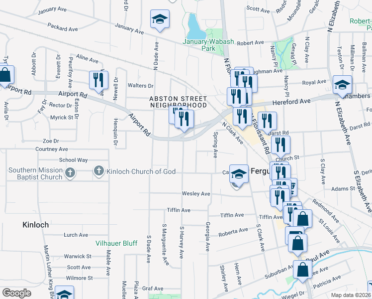 map of restaurants, bars, coffee shops, grocery stores, and more near 29 Beacon Avenue in Ferguson