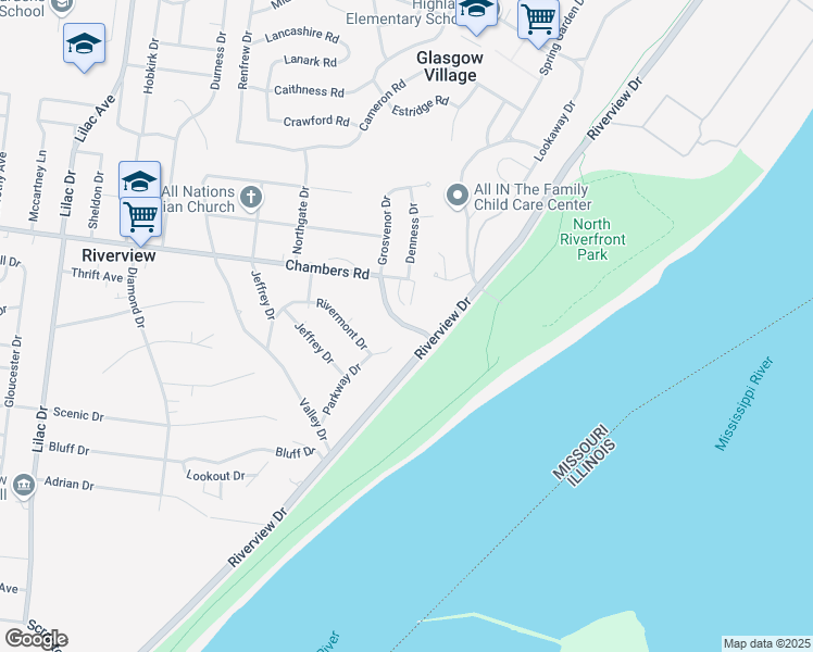 map of restaurants, bars, coffee shops, grocery stores, and more near 601 Chambers Road Southeast in St. Louis