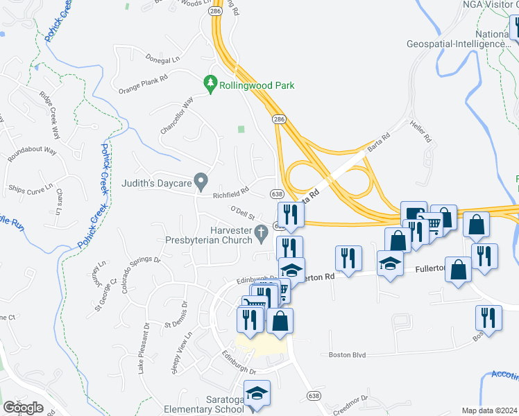 map of restaurants, bars, coffee shops, grocery stores, and more near 7806 Odell Court in Springfield