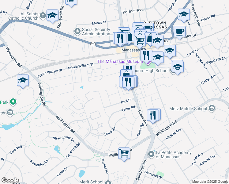 map of restaurants, bars, coffee shops, grocery stores, and more near 9250 George Street in Manassas