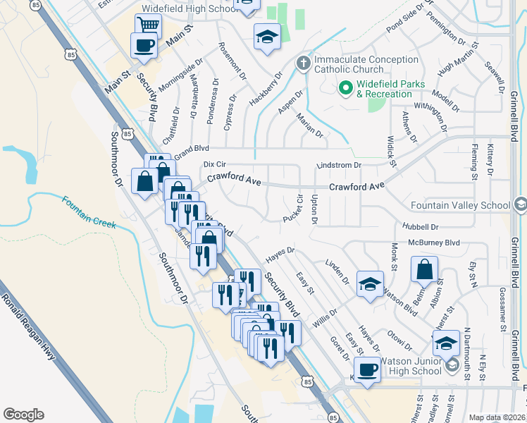 map of restaurants, bars, coffee shops, grocery stores, and more near 441 Pucket Circle in Colorado Springs