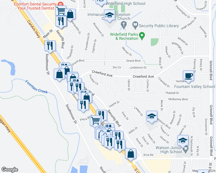 map of restaurants, bars, coffee shops, grocery stores, and more near 210 Wallace Street in Colorado Springs
