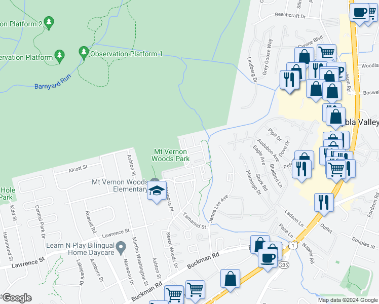 map of restaurants, bars, coffee shops, grocery stores, and more near 3834 Miramonte Place in Alexandria