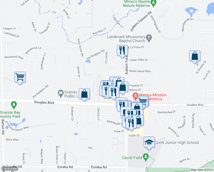 map of restaurants, bars, coffee shops, grocery stores, and more near 6810 Folsom Oaks Court in Granite Bay