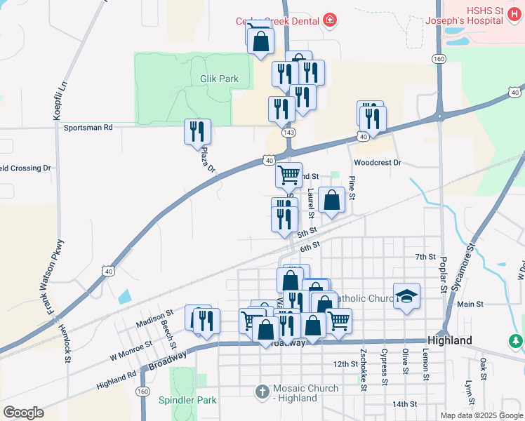 map of restaurants, bars, coffee shops, grocery stores, and more near 710 4th Street in Highland