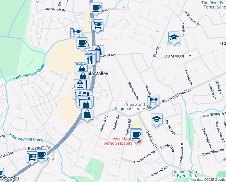 map of restaurants, bars, coffee shops, grocery stores, and more near 7817 Fordson Road in Alexandria