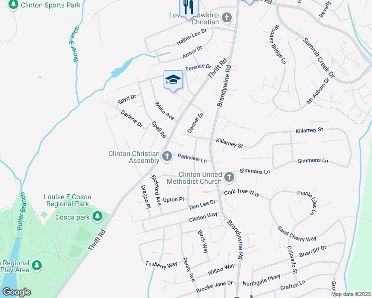 map of restaurants, bars, coffee shops, grocery stores, and more near 6111 Spell Road in Clinton