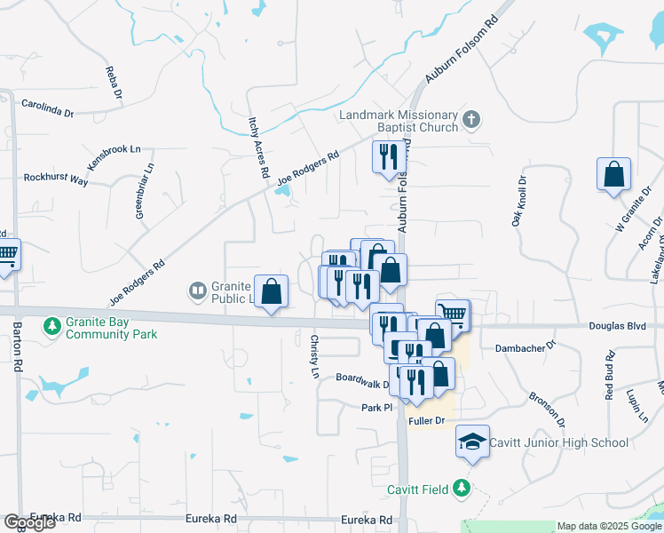 map of restaurants, bars, coffee shops, grocery stores, and more near 6812 Folsom Oaks Court in Granite Bay