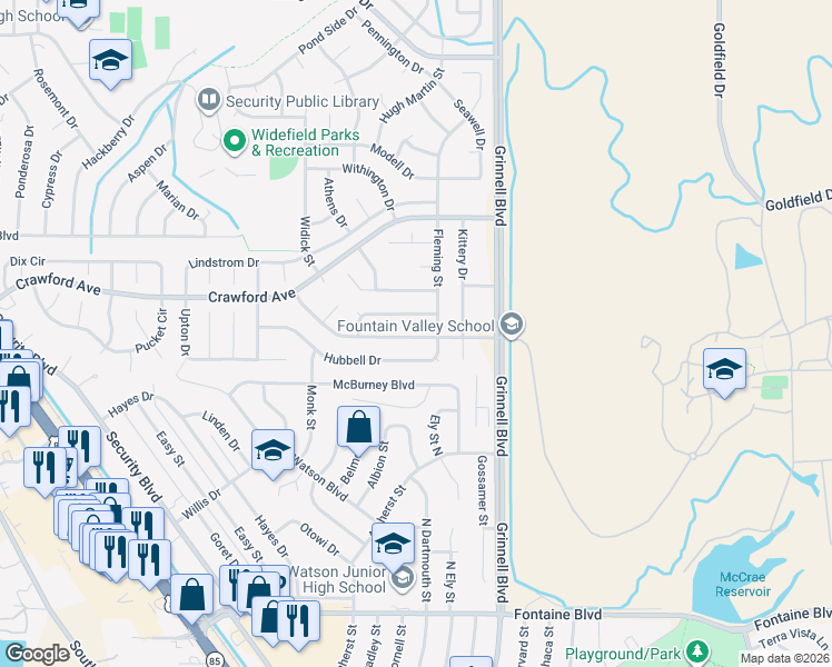 map of restaurants, bars, coffee shops, grocery stores, and more near Widefield Drive in Colorado Springs