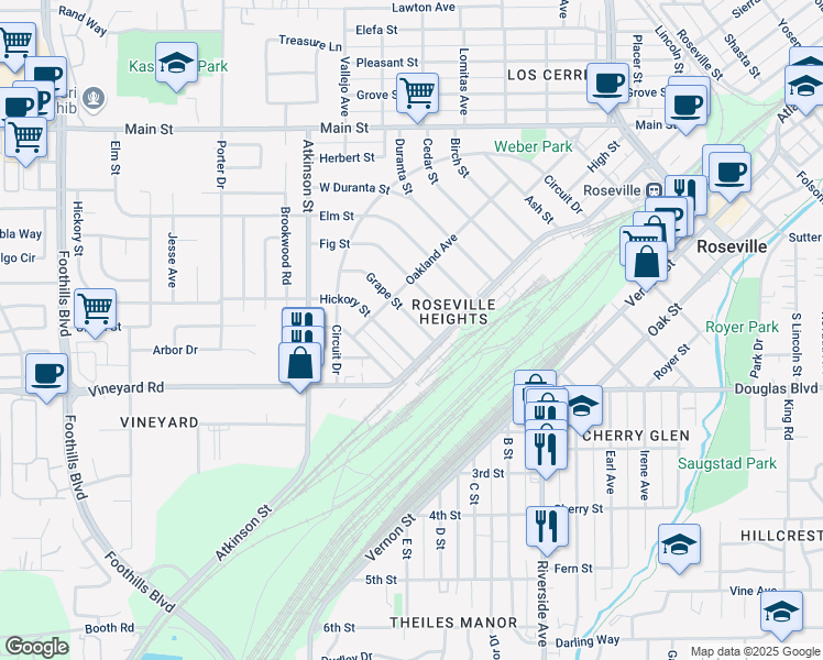 map of restaurants, bars, coffee shops, grocery stores, and more near 113 Hickory Street in Roseville