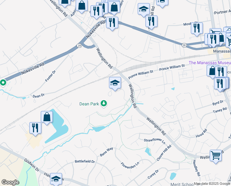 map of restaurants, bars, coffee shops, grocery stores, and more near 9601 Prince William Street in Manassas