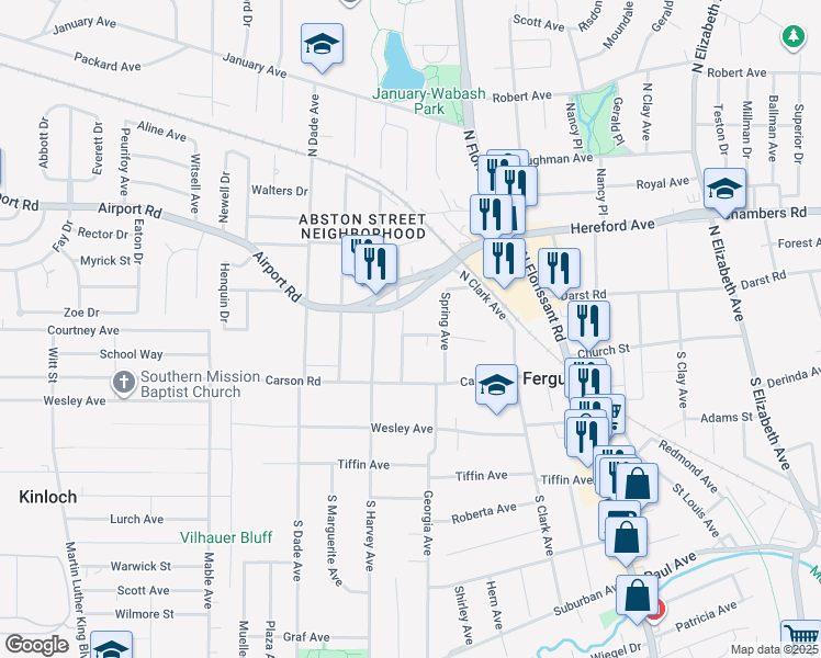 map of restaurants, bars, coffee shops, grocery stores, and more near 42 Beacon Avenue in Ferguson