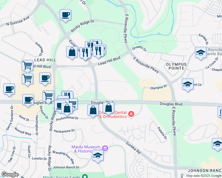 map of restaurants, bars, coffee shops, grocery stores, and more near 2990 Lava Ridge Court in Roseville