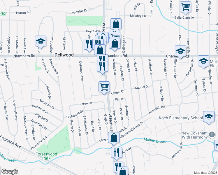 map of restaurants, bars, coffee shops, grocery stores, and more near 1500 Kappel Drive in St. Louis