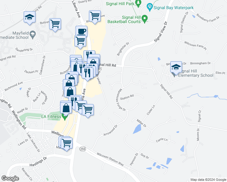 map of restaurants, bars, coffee shops, grocery stores, and more near 8199 Barnwood Road in Manassas