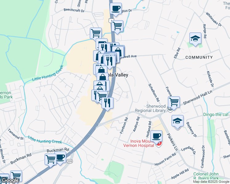 map of restaurants, bars, coffee shops, grocery stores, and more near 3020 Kings Village Road in Alexandria