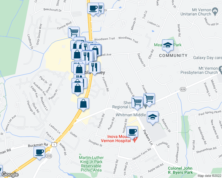 map of restaurants, bars, coffee shops, grocery stores, and more near 7817 Fordson Road in Alexandria