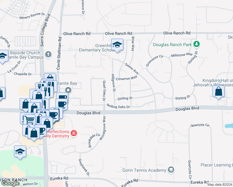 map of restaurants, bars, coffee shops, grocery stores, and more near 8395 Hillgrove Street in Granite Bay