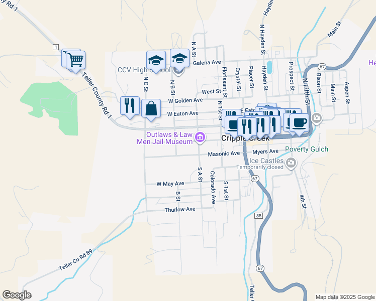 map of restaurants, bars, coffee shops, grocery stores, and more near 215 West Bennett Avenue in Cripple Creek
