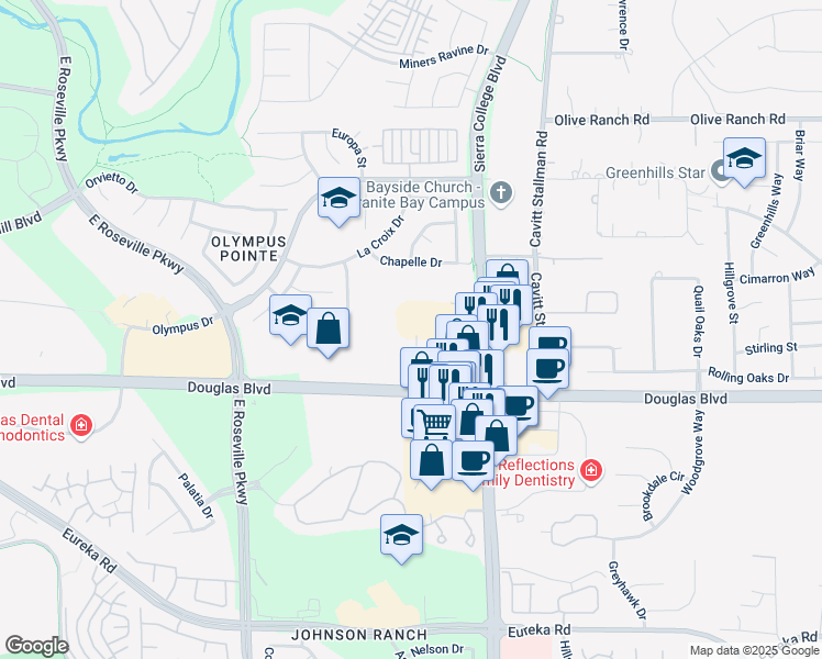 map of restaurants, bars, coffee shops, grocery stores, and more near 8100 Sierra College Boulevard in Roseville