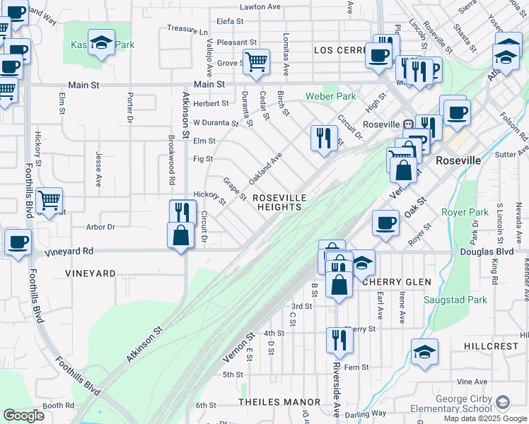 map of restaurants, bars, coffee shops, grocery stores, and more near 116 Fig Street in Roseville