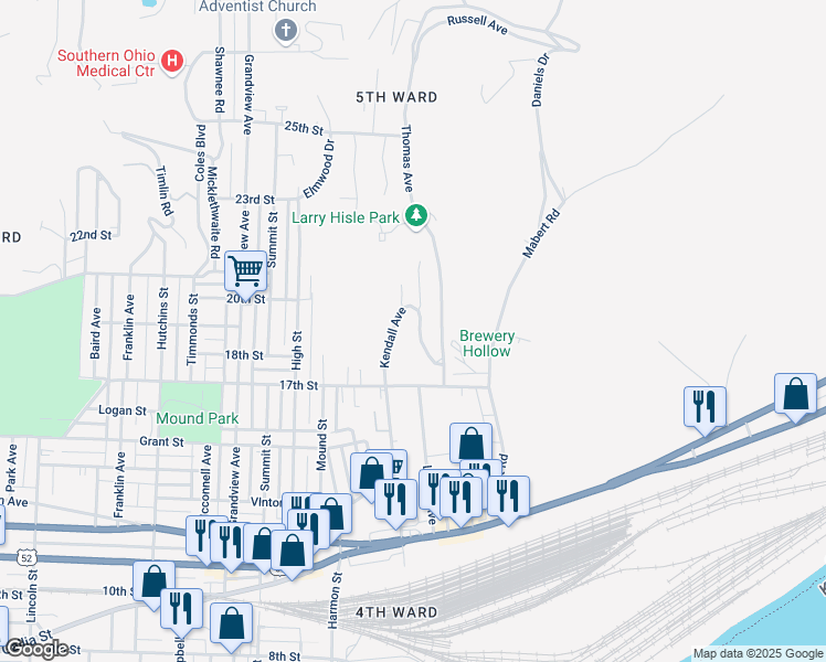 map of restaurants, bars, coffee shops, grocery stores, and more near 1923 Thomas Avenue in Portsmouth
